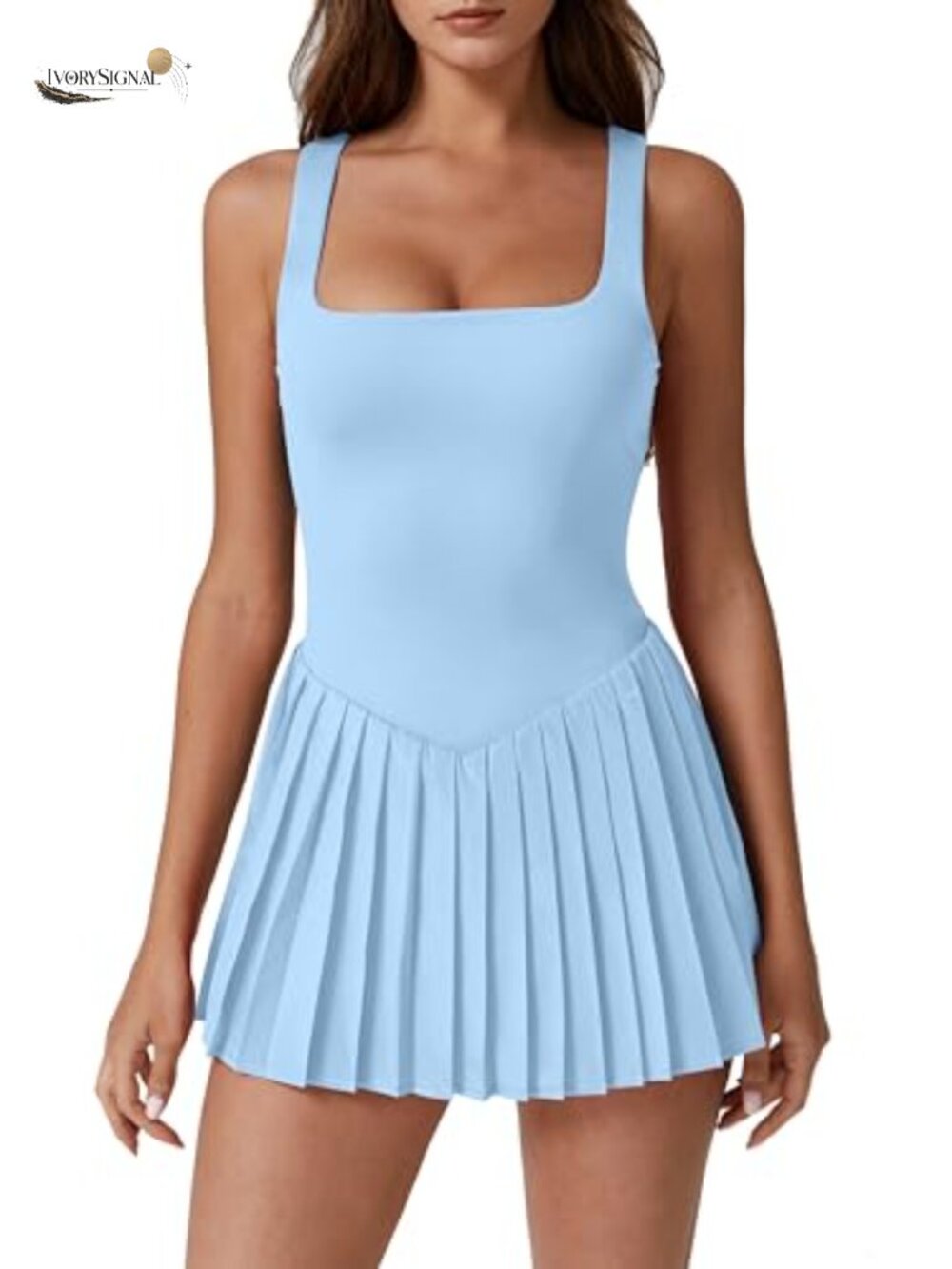 Square Neck Tennis Dress Sleeveless Pleated Golf Athletic with Pockets